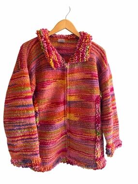 OVER THE RAINBOW Vintage 100% Wool Fringe Cardigan Made In Ecuador